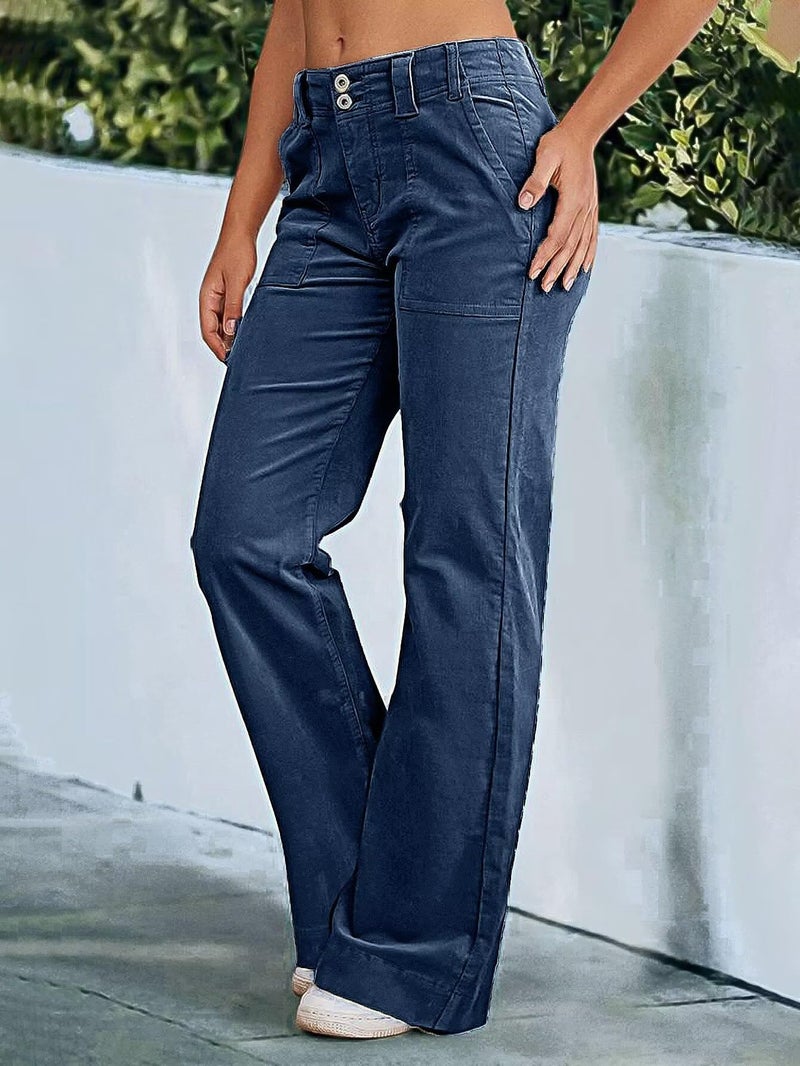 Flamingals Women's Wide Leg Pants for Women Mid Waist Dress Flare Straight Leg Corduroy Pants Work 31" Inseam Trouser Navy Blue M - Image 2