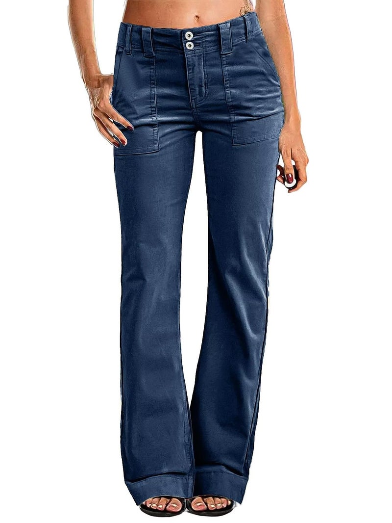 Flamingals Women's Wide Leg Pants for Women Mid Waist Dress Flare Straight Leg Corduroy Pants Work 31" Inseam Trouser Navy Blue M - Image 1