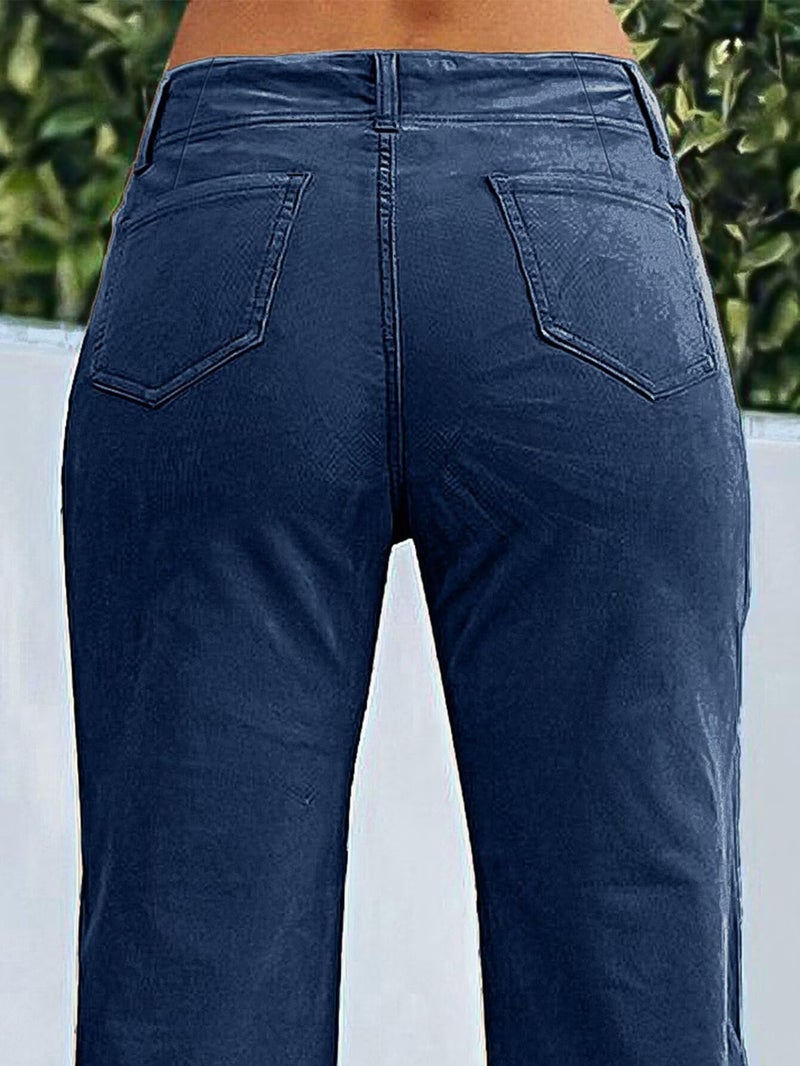 Flamingals Women's Wide Leg Pants for Women Mid Waist Dress Flare Straight Leg Corduroy Pants Work 31" Inseam Trouser Navy Blue M - Image 3