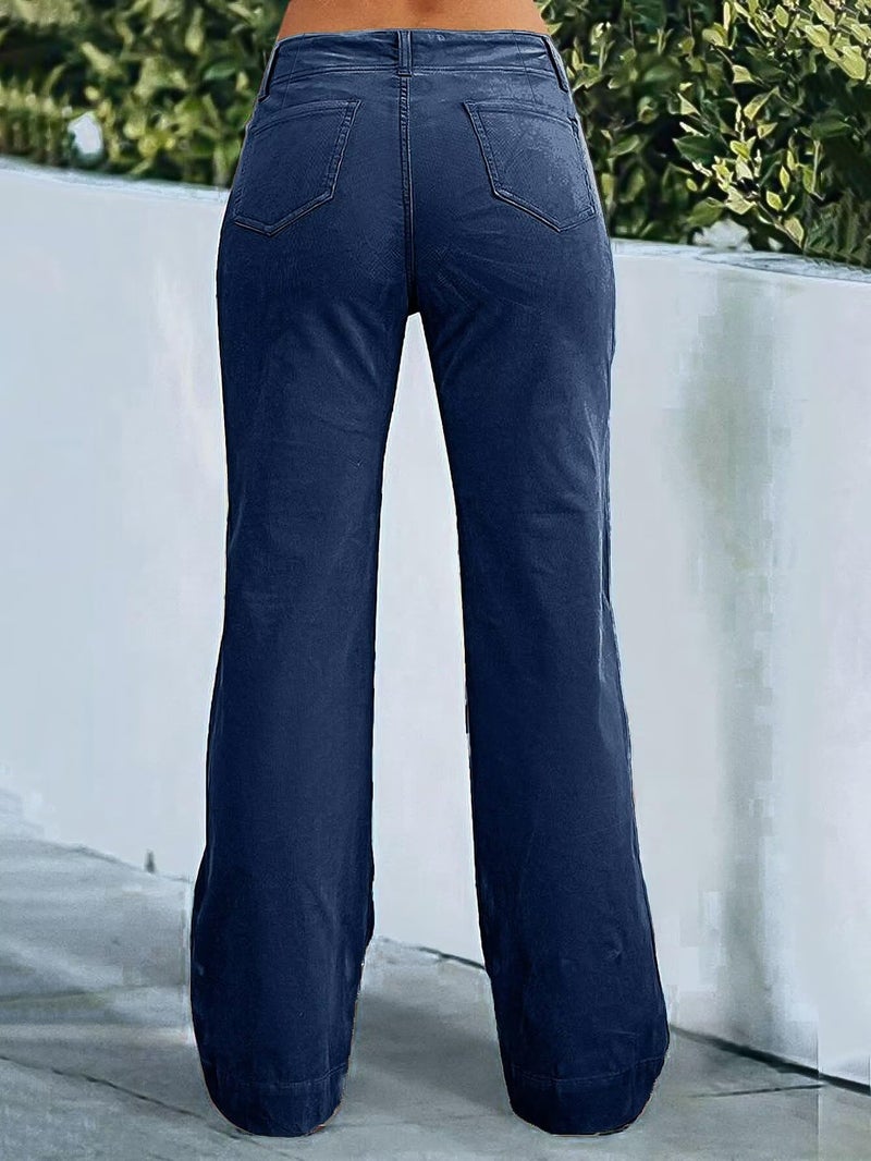 Flamingals Women's Wide Leg Pants for Women Mid Waist Dress Flare Straight Leg Corduroy Pants Work 31" Inseam Trouser Navy Blue M - Image 5
