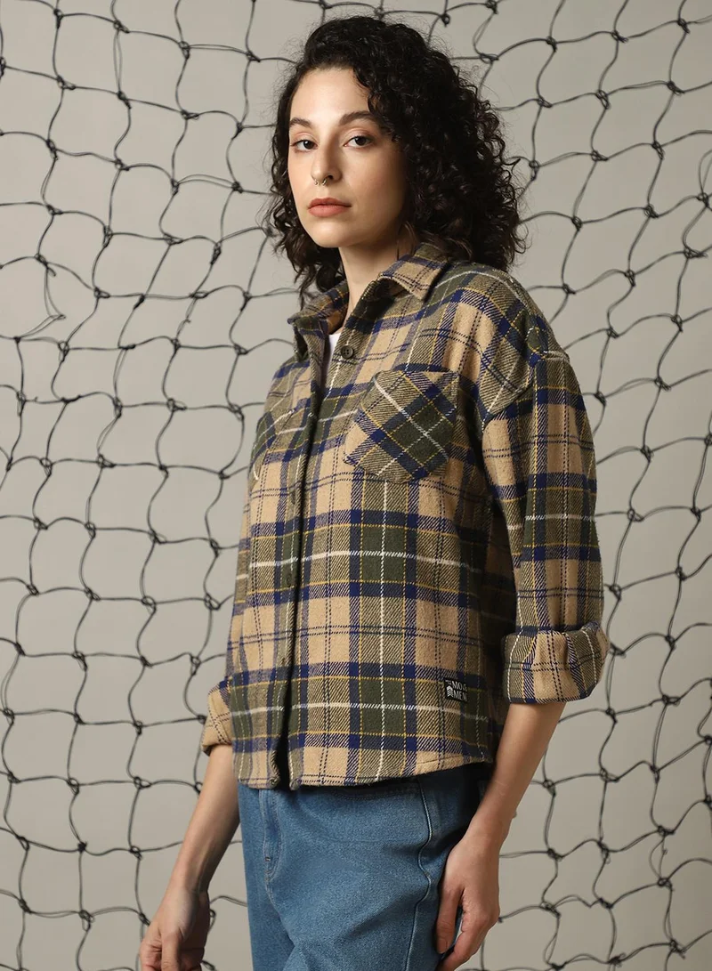 Hubberholme Women's Multicoloured Cotton Blend Checkered Oversized Shacket