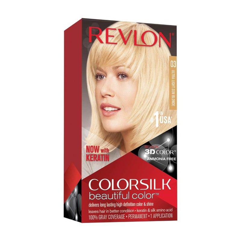 Revlon Permanent Hair Color, Permanent Hair Dye, Colorsilk with 100% Gray Coverage, Ammonia-Free, Keratin and Amino Acids, 03 Ultra Light Sun Blonde, 4.4 Oz (Pack of 1) - Image 1