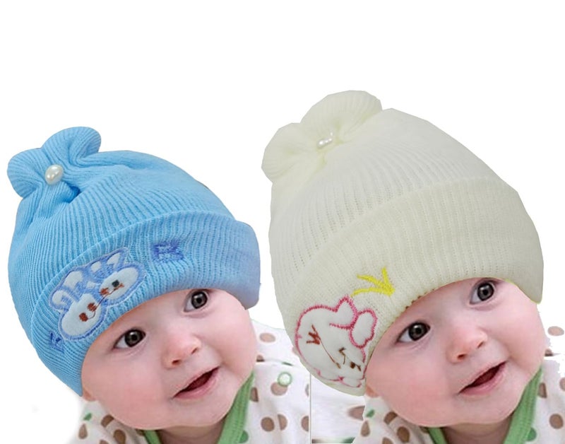 TRUE INDIAN Pack of 2 100% Woolen Cap for New Born Baby | Winter Warm Cap | Baby hat Cap for Winter | Woolen Cap for Baby (3-6 Months, Beige & Blue) - Image 1