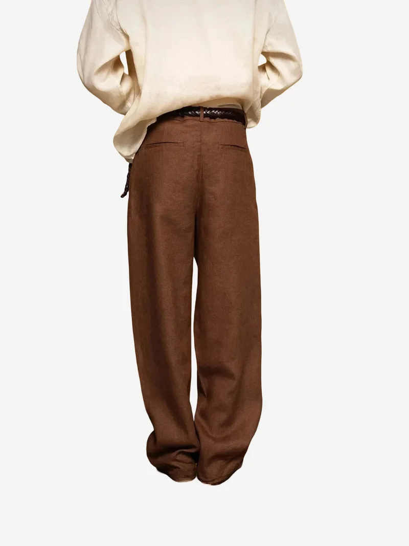 Giesto Beaver Brown GIESTO Pleated Linen Straight Leg Pants for Men | Best Price UAE