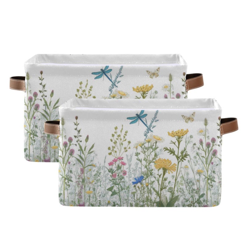 KEEPREAL Colorful Herbs And Flowers Storage Baskets,Decorative Collapsible Rectangular Canvas Fabric Storage Bin for Home, 2PACK