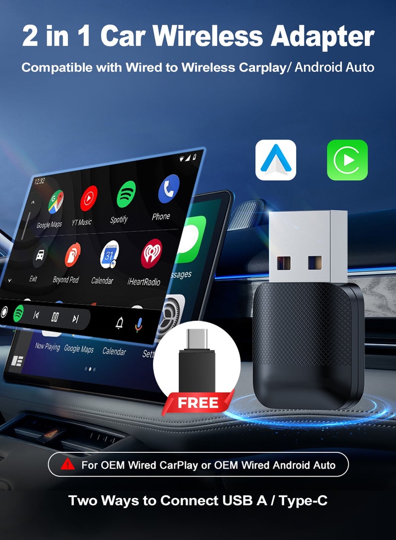 Chillspace 2-in-1 Wireless CarPlay & Android Auto Adapter, Plug & Play CarPlay Dongle Converts Wired to Wireless, Fast Auto-Connect, No Delay, Compact Design for iPhone & Android with USB/USB-C Port(Black) - Image 1