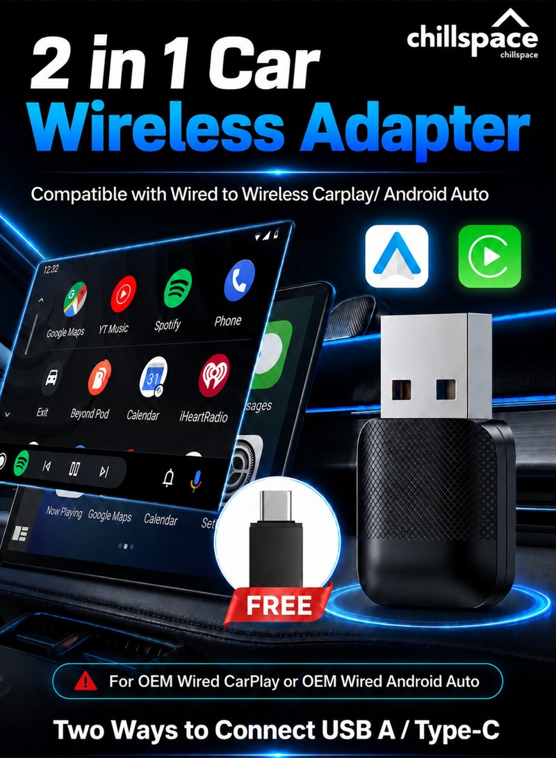 مساحة باردة محول لاسلكي ثنائي في واحد لـ CarPlay و Android Auto، يحول السلكي إلى لاسلكي مع تركيب وتشغيل، اتصال تلقائي سريع بدون تأخير، تصميم مضغوط لهواتف iPhone و Android، متوافق عالميًا مع 98% من السيارات ذات منفذ USB/USB-C، أسود - Image 1