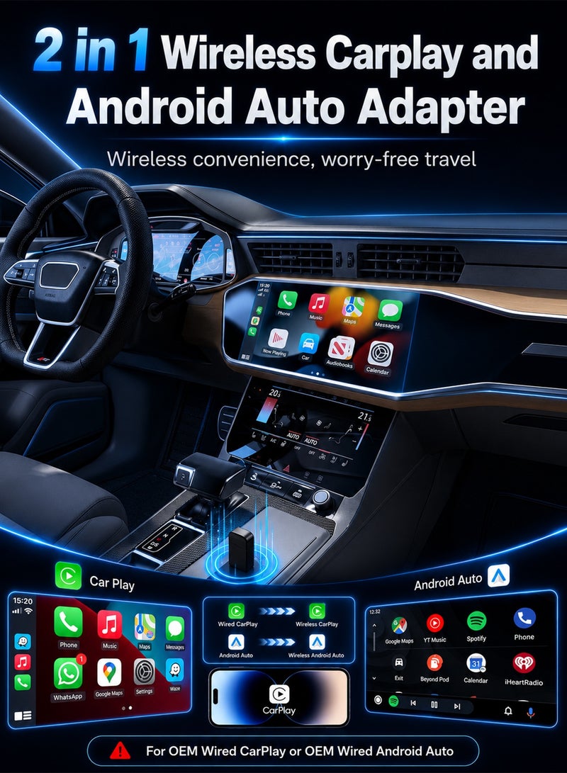 مساحة باردة محول لاسلكي ثنائي في واحد لـ CarPlay و Android Auto، يحول السلكي إلى لاسلكي مع تركيب وتشغيل، اتصال تلقائي سريع بدون تأخير، تصميم مضغوط لهواتف iPhone و Android، متوافق عالميًا مع 98% من السيارات ذات منفذ USB/USB-C، أسود - Image 2