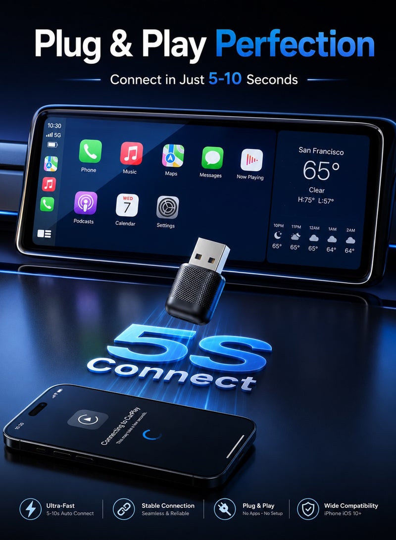 مساحة باردة محول لاسلكي ثنائي في واحد لـ CarPlay و Android Auto، يحول السلكي إلى لاسلكي مع تركيب وتشغيل، اتصال تلقائي سريع بدون تأخير، تصميم مضغوط لهواتف iPhone و Android، متوافق عالميًا مع 98% من السيارات ذات منفذ USB/USB-C، أسود - Image 4