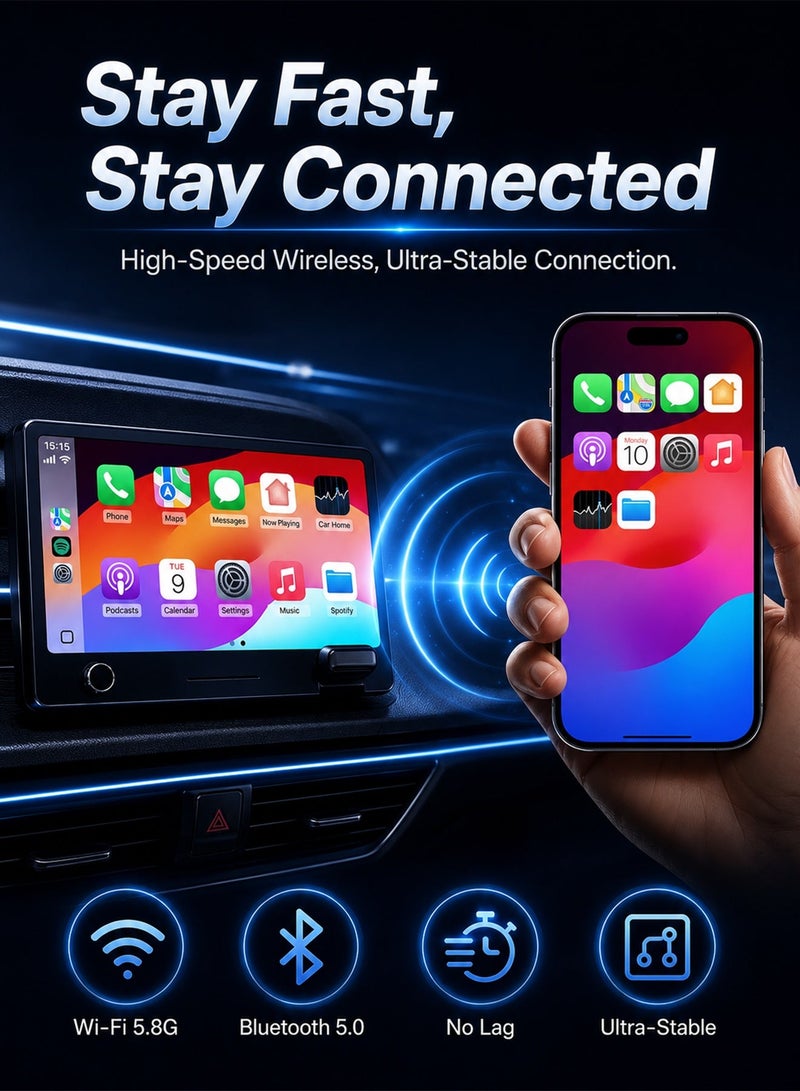مساحة باردة محول لاسلكي ثنائي في واحد لـ CarPlay و Android Auto، يحول السلكي إلى لاسلكي مع تركيب وتشغيل، اتصال تلقائي سريع بدون تأخير، تصميم مضغوط لهواتف iPhone و Android، متوافق عالميًا مع 98% من السيارات ذات منفذ USB/USB-C، أسود - Image 5