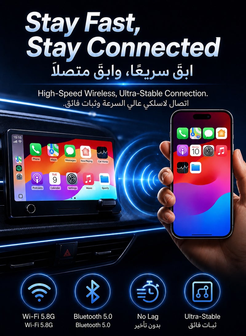 مساحة باردة محول لاسلكي ثنائي الوظيفة لـ CarPlay و Android Auto، دونجل USB لاسلكي يحول السلكي إلى لاسلكي مع التشغيل الفوري، اتصال تلقائي سريع بدون تأخير، تصميم صغير فائق الصغر لهواتف iPhone و Android، توافق ذكي عالمي لـ 98% من السيارات ذات منفذ USB/USB-C، أسود - Image 5