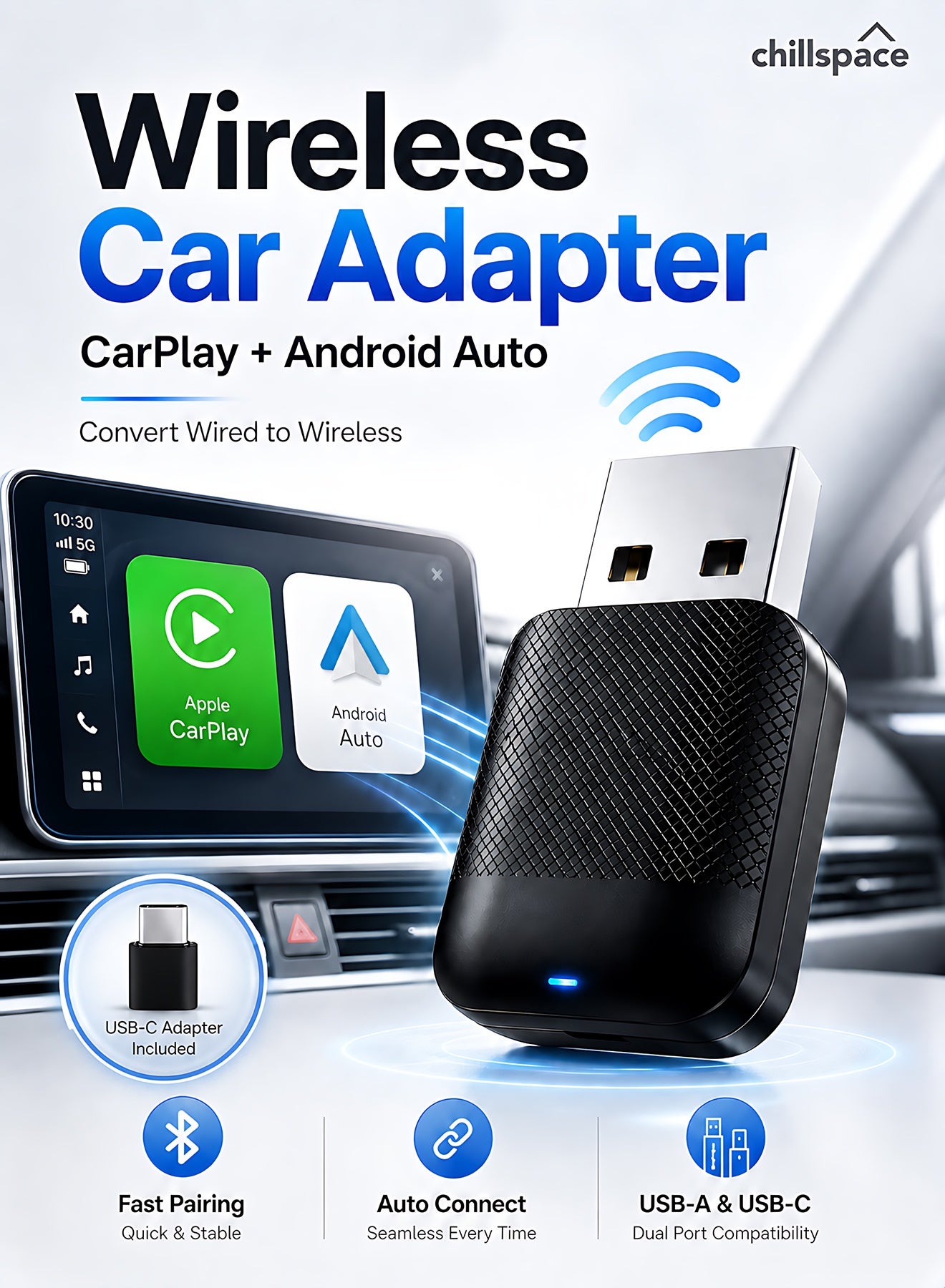 2-in-1 Wireless CarPlay & Android Auto Adapter, Plug & Play CarPlay Dongle Converts Wired to Wireless, Fast Auto-Connect, No Delay, Compact Design for iPhone & Android with USB/USB-C Port(Black)