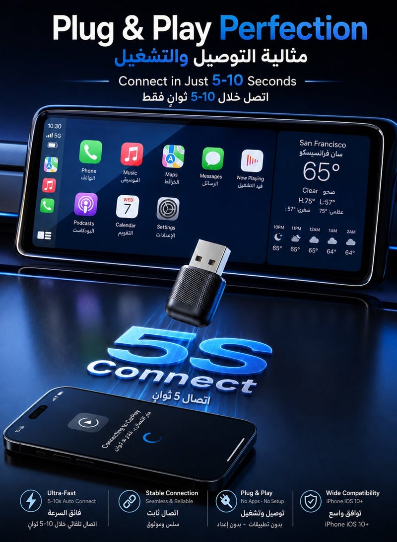 مساحة باردة محول لاسلكي ثنائي الوظيفة لـ CarPlay و Android Auto، دونجل USB لاسلكي يحول السلكي إلى لاسلكي مع التشغيل الفوري، اتصال تلقائي سريع بدون تأخير، تصميم صغير فائق الصغر لهواتف iPhone و Android، توافق ذكي عالمي لـ 98% من السيارات ذات منفذ USB/USB-C، أسود - Image 5