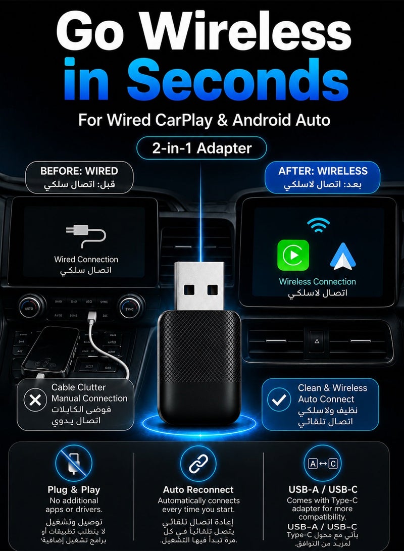 مساحة باردة محول لاسلكي ثنائي الوظيفة لـ CarPlay و Android Auto، دونجل USB لاسلكي يحول السلكي إلى لاسلكي مع التشغيل الفوري، اتصال تلقائي سريع بدون تأخير، تصميم صغير فائق الصغر لهواتف iPhone و Android، توافق ذكي عالمي لـ 98% من السيارات ذات منفذ USB/USB-C، أسود - Image 2