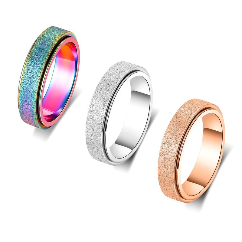 OreilleStar Fidget Spinner Ring Anxiety Ring for Women Men Fidget Toys Adults Thumb Ring Titanium Stainless Steel 3 Colors Set Size 10 Width 6MM Rainbow Silver Rose gold Sandblasted Finished - Image 2