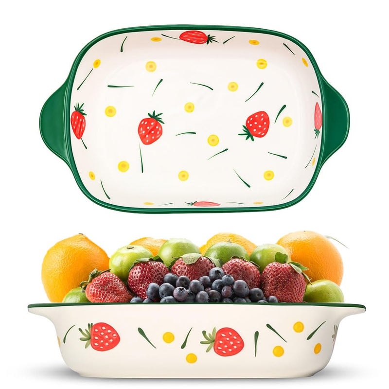 OLWICK وعاء سيراميك مستطيل 1 قطعة، سعة 600 مل، طبق خبز، آمن للاستخدام في الميكروويف، أطباق كسرولة للفرن، صواني لازانيا عميقة مع مقابض للمطبخ (أخضر داكن) - Image 1