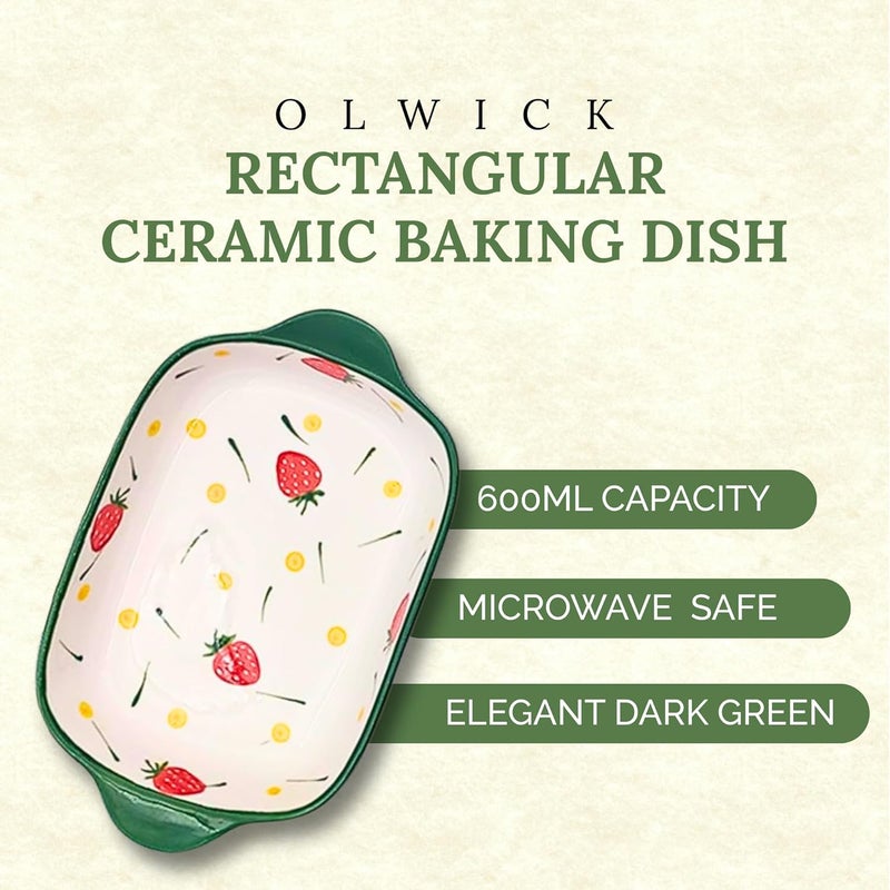 OLWICK وعاء سيراميك مستطيل 1 قطعة، سعة 600 مل، طبق خبز، آمن للاستخدام في الميكروويف، أطباق كسرولة للفرن، صواني لازانيا عميقة مع مقابض للمطبخ (أخضر داكن) - Image 2