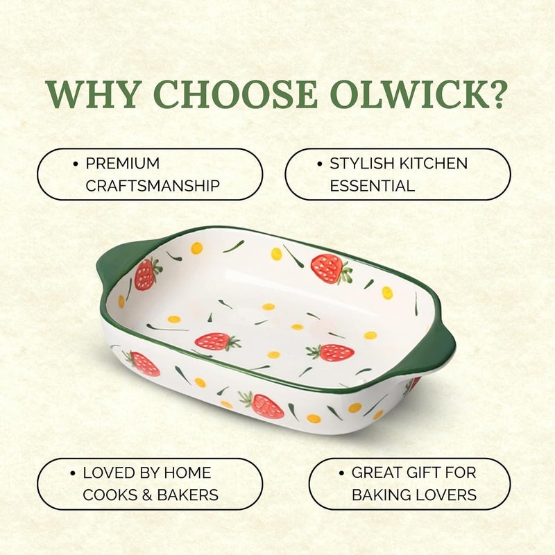 OLWICK وعاء سيراميك مستطيل 1 قطعة، سعة 600 مل، طبق خبز، آمن للاستخدام في الميكروويف، أطباق كسرولة للفرن، صواني لازانيا عميقة مع مقابض للمطبخ (أخضر داكن) - Image 3