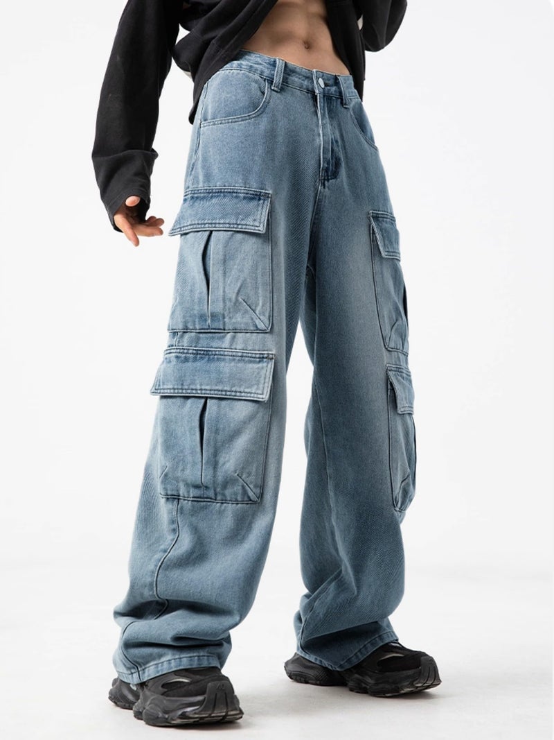 FantasyGears Mens Baggy Jeans for Men Women Y2k Skater Vintage Plain Pants Multiple Pockets Casual Wide Leg Loose Fit Cargo Denim Jeans - Image 3