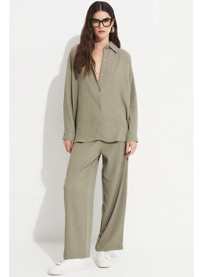 JUNE June Women Cotton Blend Shirt Trouser Set Khaki