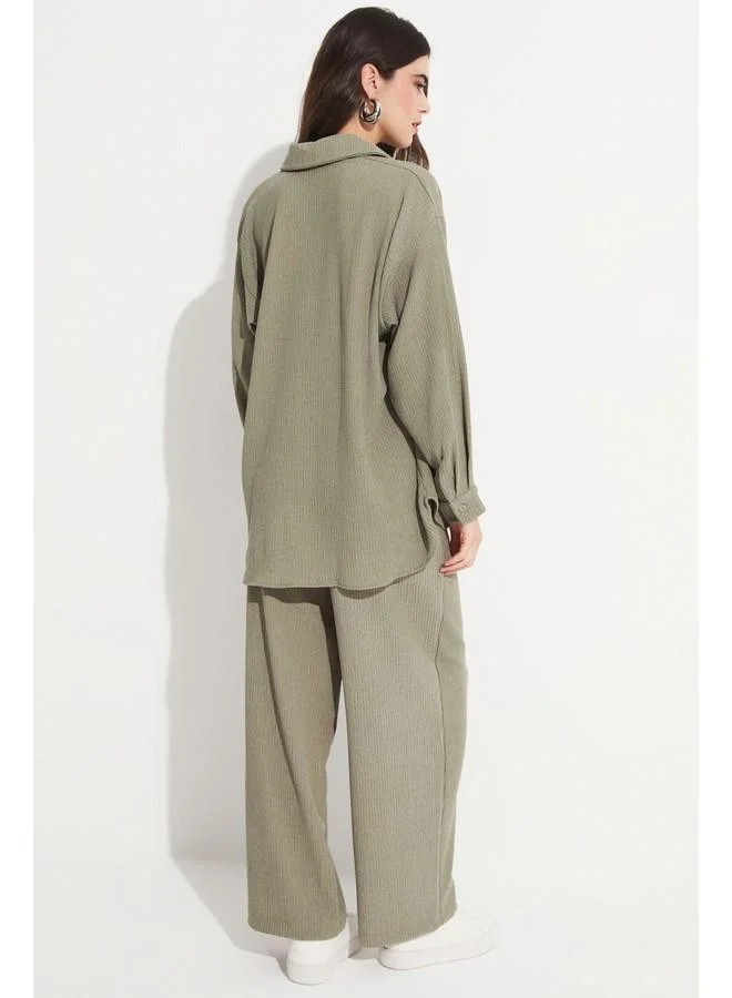 JUNE June Women Cotton Blend Shirt Trouser Set Khaki