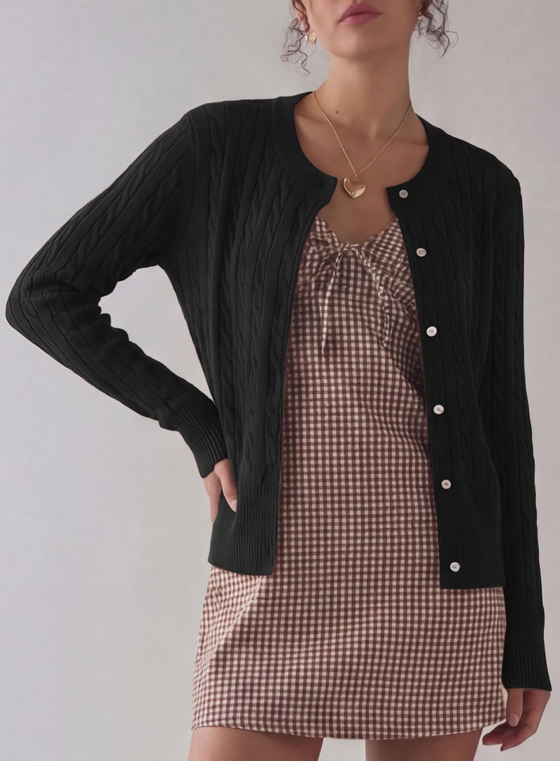 Darong Women's 2025 Fall Long Sleeve Sweater Cardigan Cable Knit Open Front Button Outwear Coats 9129 Black M - Image 3