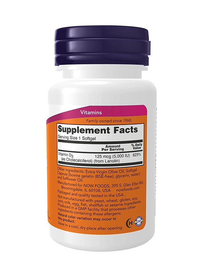 Now Foods Vitamin D-3 5000 IU - 120 Softgels - Image 2