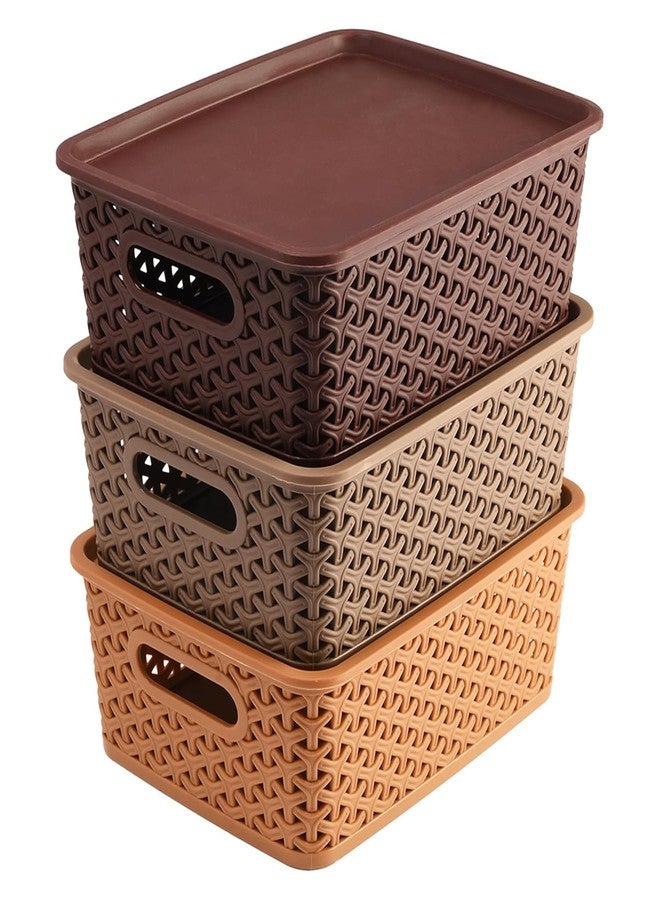 GOPI Multipurpose Storage Baskets with Lid, 30 x 24 x 12 cm, Pack of 3, Brown Assorted Colours