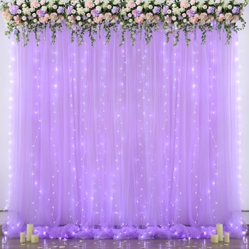 Suppromo Lavender Tulle Backdrop Curtain with Led Lights for Wedding Baby Shower Girls 10ft X 8ft Lilac Lavender Sheer Backdrop Curtain for Birthday Party Bridal Shower Photoshoot Background Decorations - Image 1