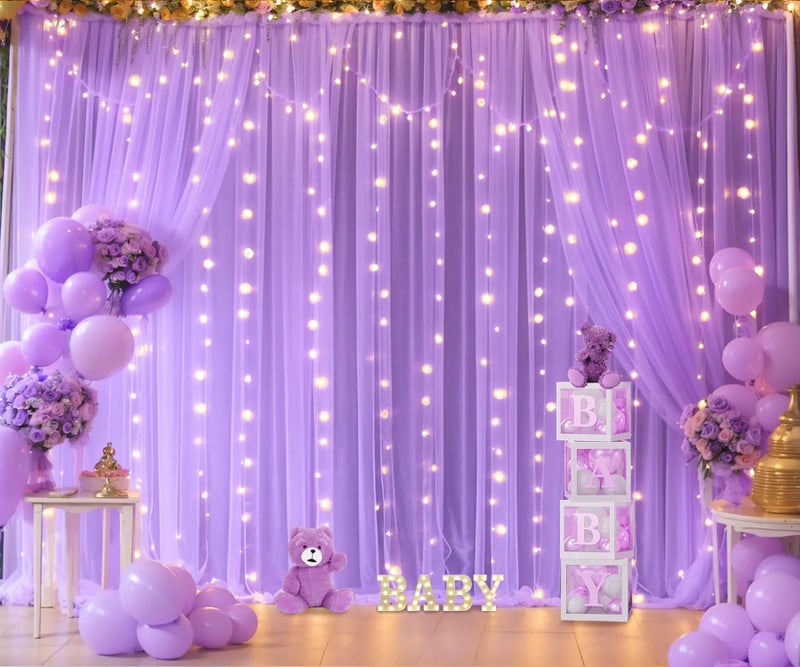 Suppromo Lavender Tulle Backdrop Curtain with Led Lights for Wedding Baby Shower Girls 10ft X 8ft Lilac Lavender Sheer Backdrop Curtain for Birthday Party Bridal Shower Photoshoot Background Decorations - Image 3