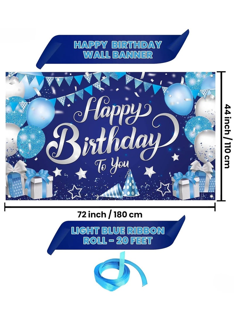 KATCHON Blue and Silver Happy Birthday Banner  - Image 2