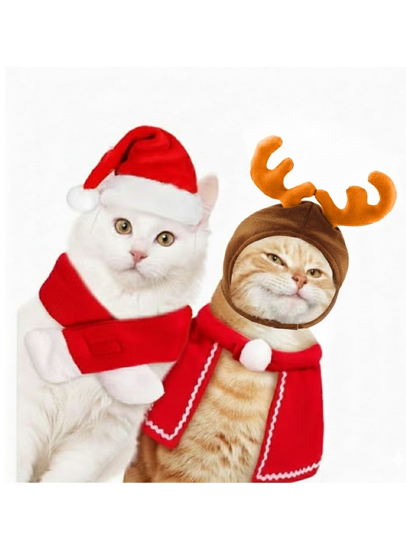 A.M Pet Christmas Costume Outfit Set Reindeer Antlers Hat Headband Santa Christmas Hat Red Scarf and Pet Cloak for Dog Cat Pet Christmas Party Cosplay Supplies, 4 Pack - Image 1