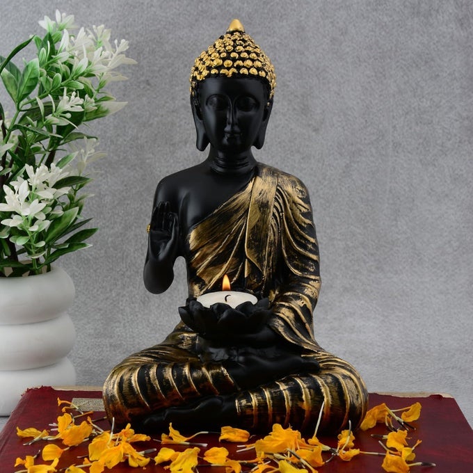 BUDDHA STATUE CANDLE HOLDER TEA LIGHT INCLUDED HOME DECOR ACCENT PIECE