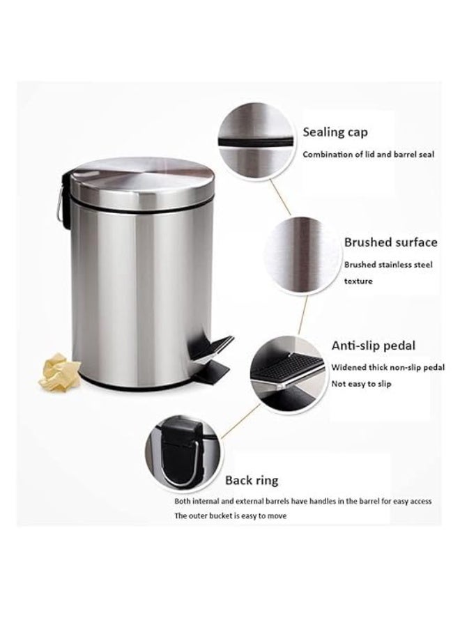 Stainless Steel Step Bin Removable Bucket Inside with Handle Trash Garbage Pedal Dustbin Round Polished Finish (7 Litres) - Image 4