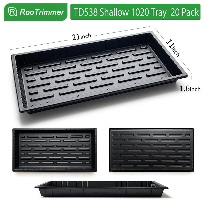 RooTrimmer 20 Pack Shallow 1020 Trays No Holes, Heavy Duty Reusable Seed Starter Flat Seedling Tray for 72/128 Cell Plug Tray, Transplant, Microgreen & Seed Germination (21"Ã—11", 1.6" Deep, TD538) - Image 3