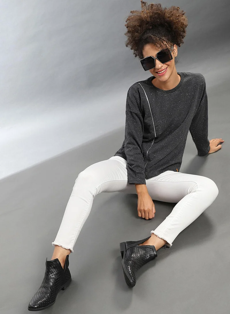 Campus Sutra Women Sweatshirt | Round Neck , Long Regular Sleeves , Zipper Closure, Straight Hem | Regular-Fit for Everyday Street & Casual | Charcoal Grey