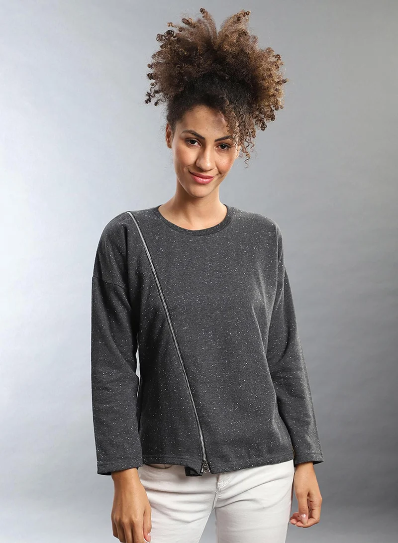 Campus Sutra Women Sweatshirt | Round Neck , Long Regular Sleeves , Zipper Closure, Straight Hem | Regular-Fit for Everyday Street & Casual | Charcoal Grey