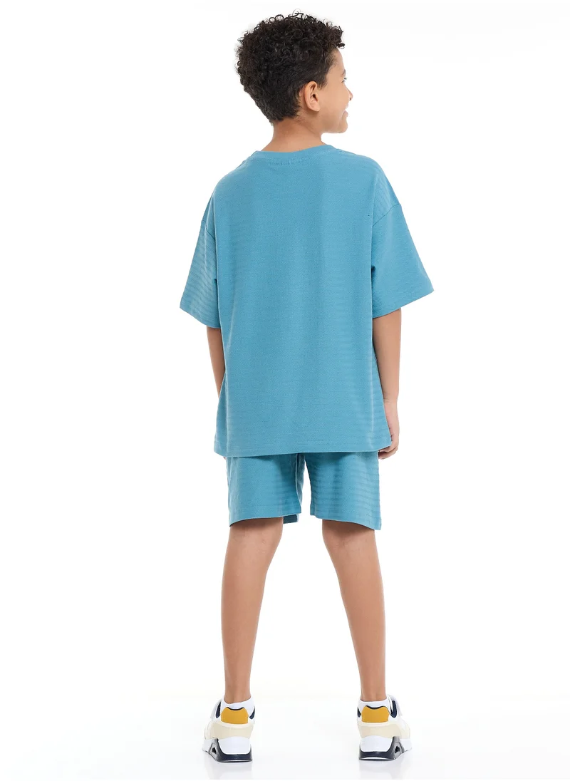 victor and jane Victor and Jane Sr Boys' Jacquard Set – Blue Colour Striped Design with Textured Material, Ready-to-Move Coordinated Match Sets, 9-10 YRS