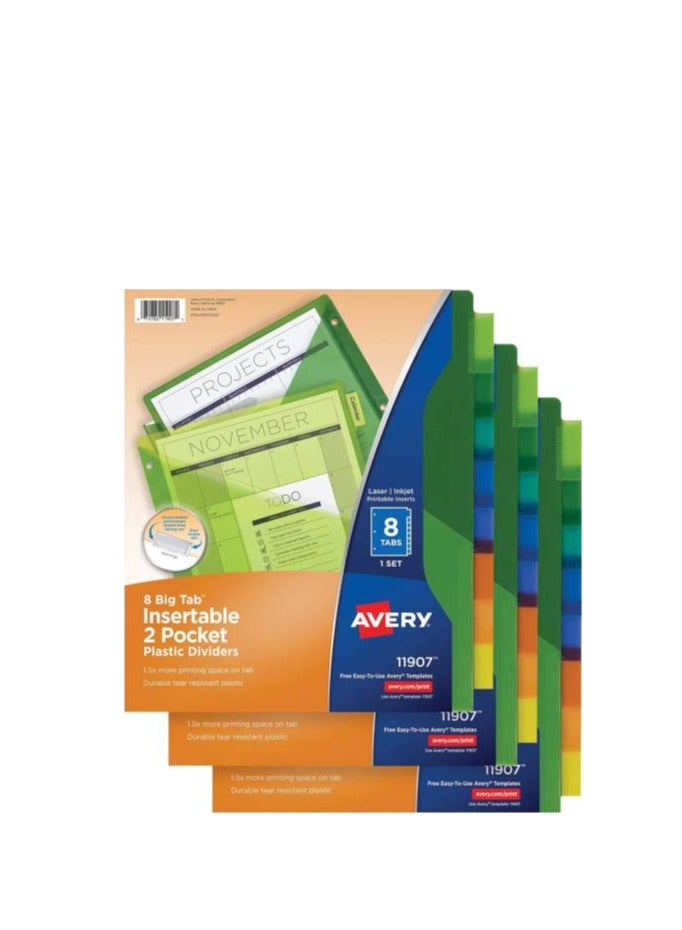 إيفري فواصل Avery لـ 3 مجلدات حلقية، فواصل مجلد 8 علامات تبويب، فواصل مجلدة بلاستيكية بجيبين، علامات تبويب كبيرة قابلة للإدراج، 3 مجموعات - Image 1