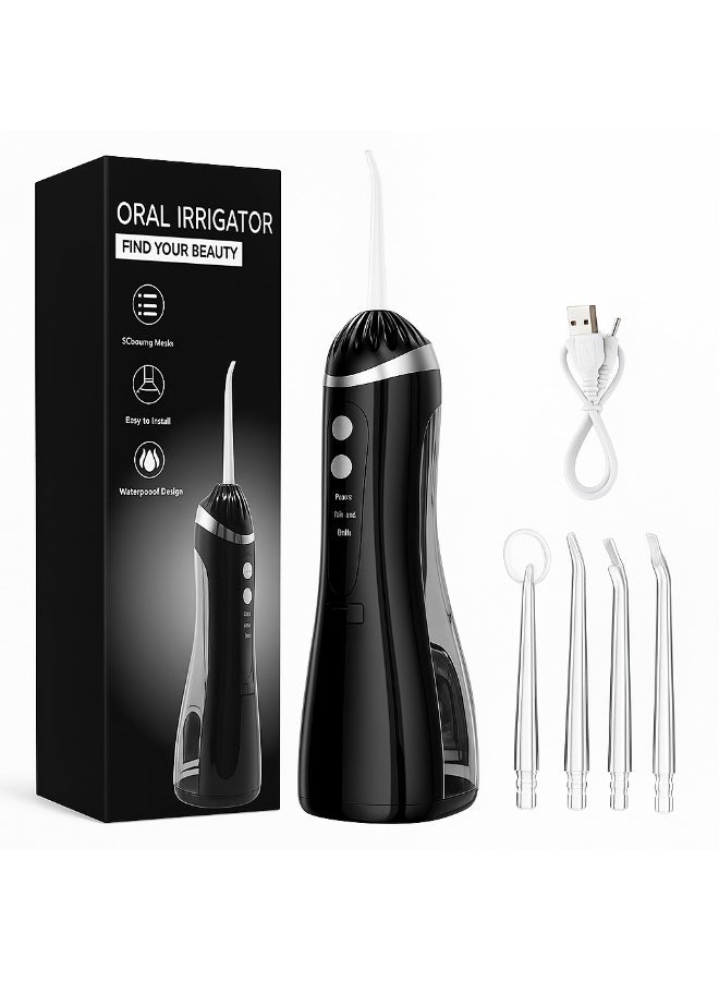 اورال Oral جهاز تنظيف الأسنان بالماء لاسلكي، جهاز ري فموي محمول مع 4 أوضاع تنظيف و4 فوهات، مقاوم للماء IPX7 وقابل للشحن عبر USB، لتنظيف التقويم والسفر والعناية اليومية بالفم - أسود - Image 2