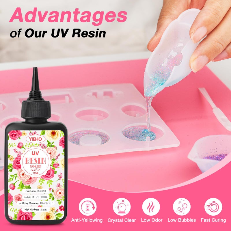 YIEHO 300g UV Resin Kit with Light and Molds, Arts and Crafts for Adults, Jewelry Making Kit for DIY Keychain, Earring and Necklace - Image 3