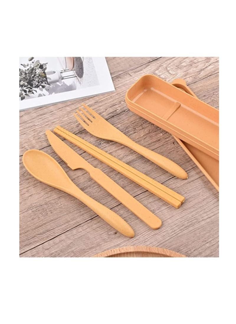 Generic Utensils Set with Case, 4 Sets Wheat Straw Travel Cutlery Set, Portable Spoon Knife Fork Chopsticks Lunch Box Utensil Set for Kids Adults  - Image 1