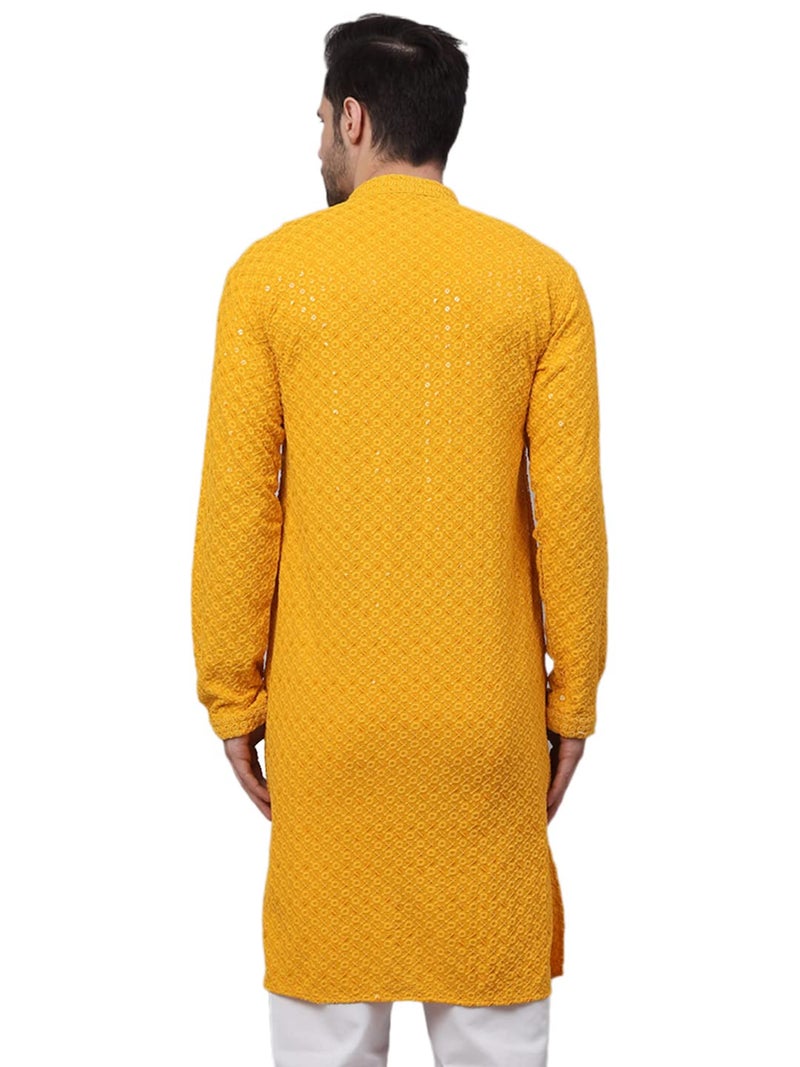 Jompers Men's Mustard Chikankari Embroidered and Sequence Kurtas. (Mustard, S) - Image 2