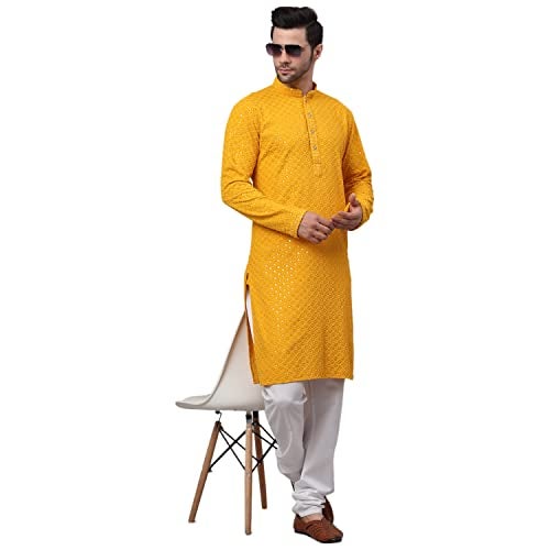 Jompers Men's Mustard Chikankari Embroidered and Sequence Kurtas. (Mustard, S) - Image 4