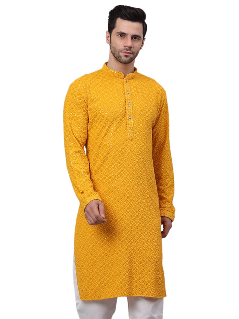 Jompers Men's Mustard Chikankari Embroidered and Sequence Kurtas. (Mustard, S) - Image 1