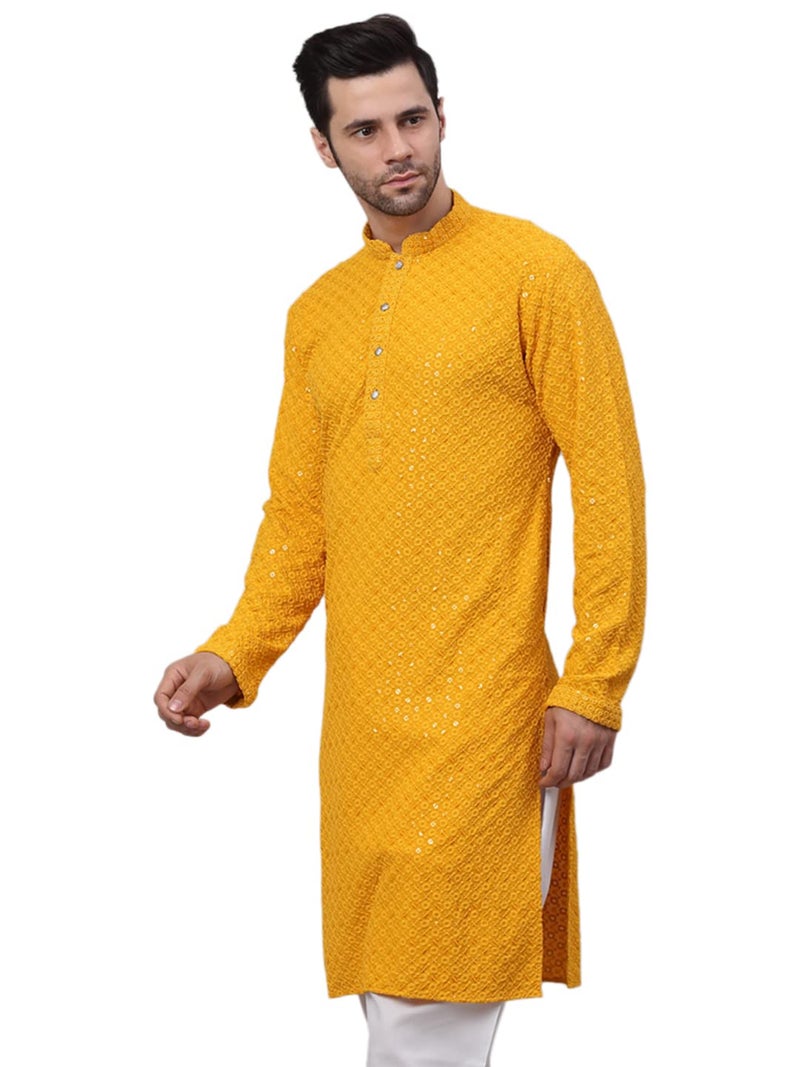 Jompers Men's Mustard Chikankari Embroidered and Sequence Kurtas. (Mustard, S) - Image 3