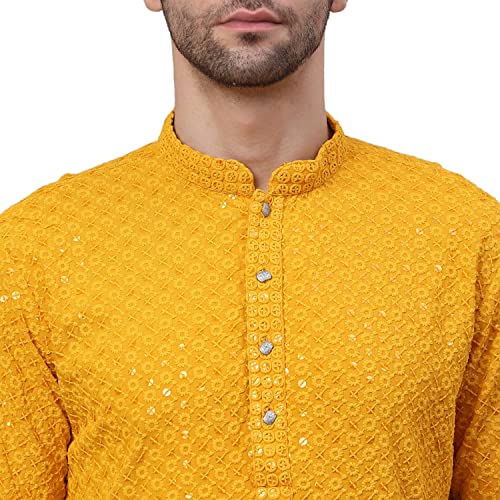 Jompers Men's Mustard Chikankari Embroidered and Sequence Kurtas. (Mustard, S) - Image 5