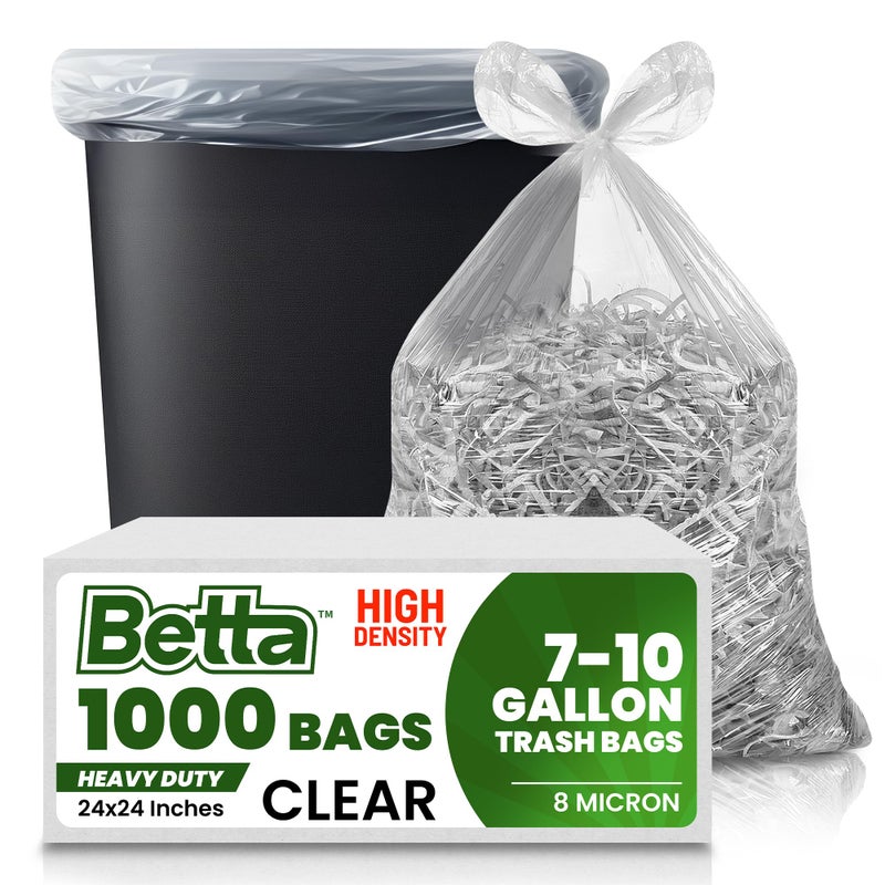 Betta 8-10 Gallon Medium Trash Bags, Clear, 1000 Count Box, (24x24-inch) Commercial Office Wastebasket Garbage Can Liners, 7-10 Gallon Round Cans, 6-8 Gallon Slim and Square Cans - Image 1