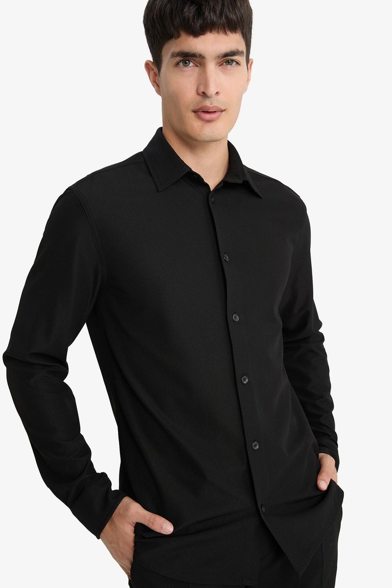 DeFacto Black Man Slim Fit Polo Neck Long Sleeve Shirt Casual - Image 1