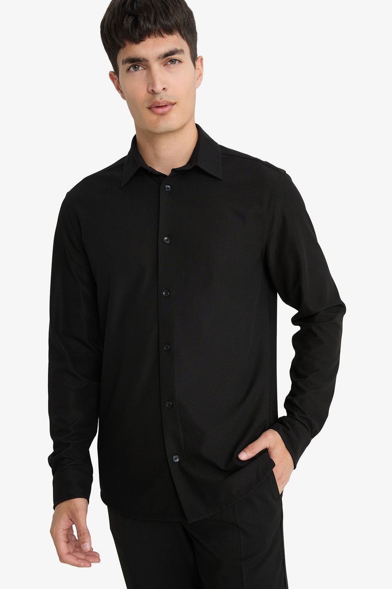 DeFacto Black Man Slim Fit Polo Neck Long Sleeve Shirt Casual - Image 2